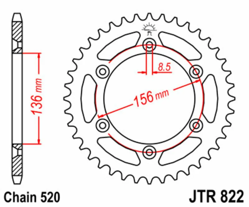JT SPROCKETS Standardní ocelová korunka 822 - 520 - JT SPROCKETS Levný